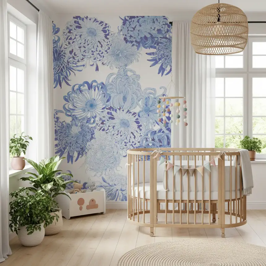 Blue Chrysanthemum Cascade Wall Mural