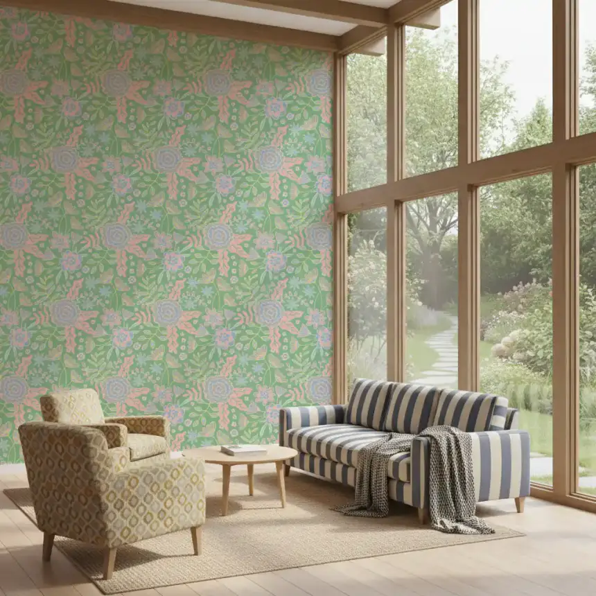Buds and Blossom Floral Cottagecore Pastel Garden Green Wallpaper