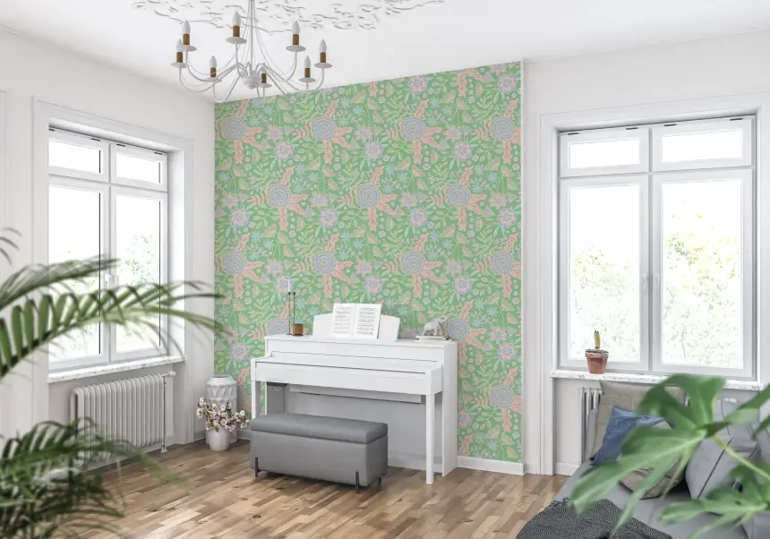 Buds and Blossom Floral Cottagecore Pastel Garden Green Wallpaper