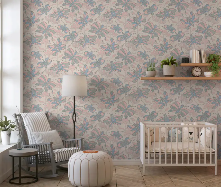 Flutter Cottagecore Spring Butterfly Floral Pastel Blue Gray Blush Wallpaper