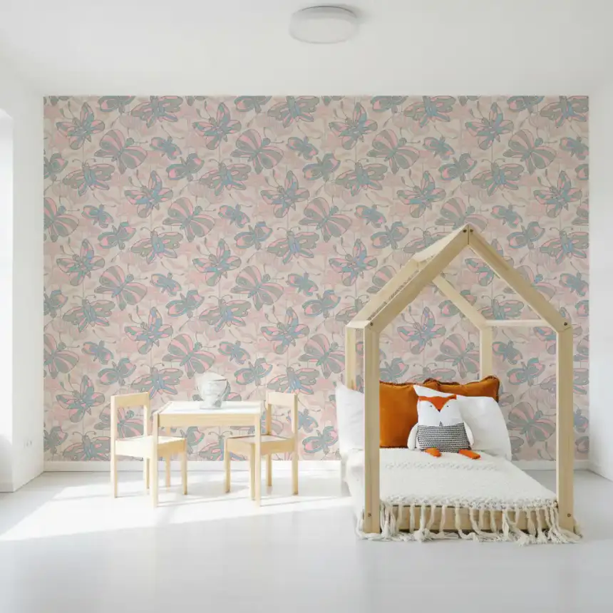 Flutter Cottagecore Spring Butterfly Floral Pastel Blue Gray Blush Wallpaper