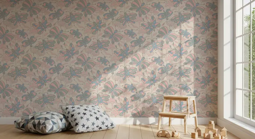 Flutter Cottagecore Spring Butterfly Floral Pastel Blue Gray Blush Wallpaper