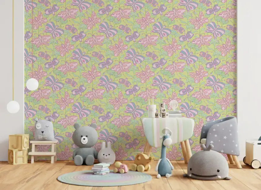 Flutter Cottagecore Spring Butterfly Floral Pastel Pink Purple Green Wallpaper