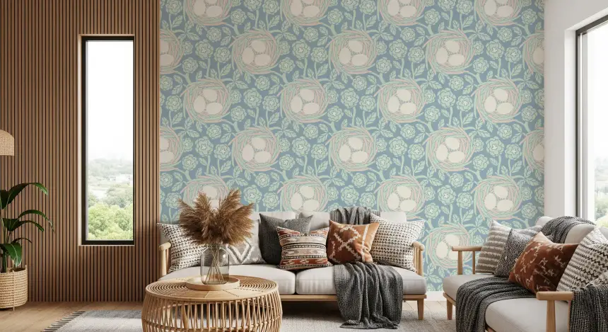 Cozy Nest Cottagecore Spring Floral Bird Eggs Pastel Mint Blue Wallpaper