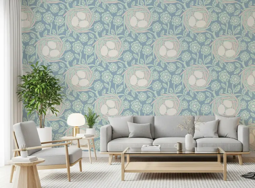 Cozy Nest Cottagecore Spring Floral Bird Eggs Pastel Mint Blue Wallpaper