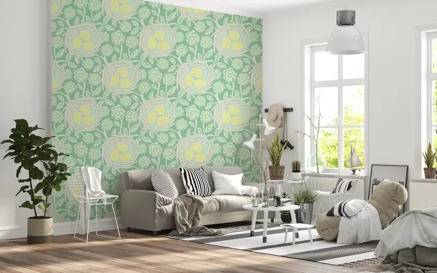 Cozy Nest Cottagecore Spring Floral Bird Eggs Pastel Yellow Green Wallpaper