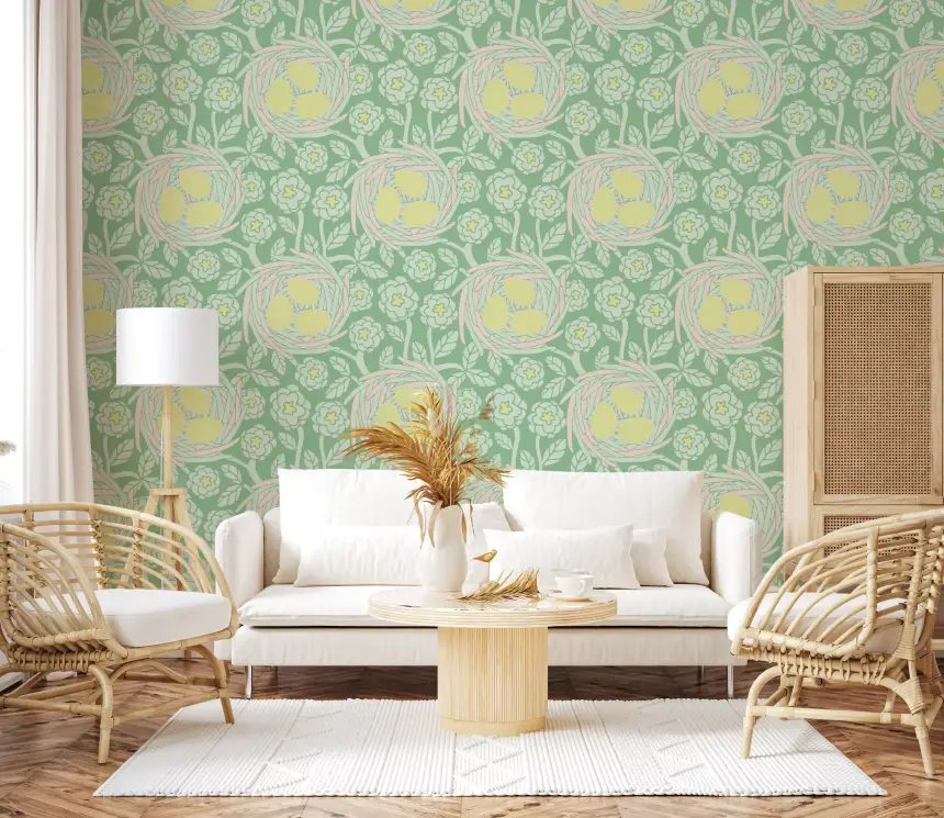 Cozy Nest Cottagecore Spring Floral Bird Eggs Pastel Yellow Green Wallpaper