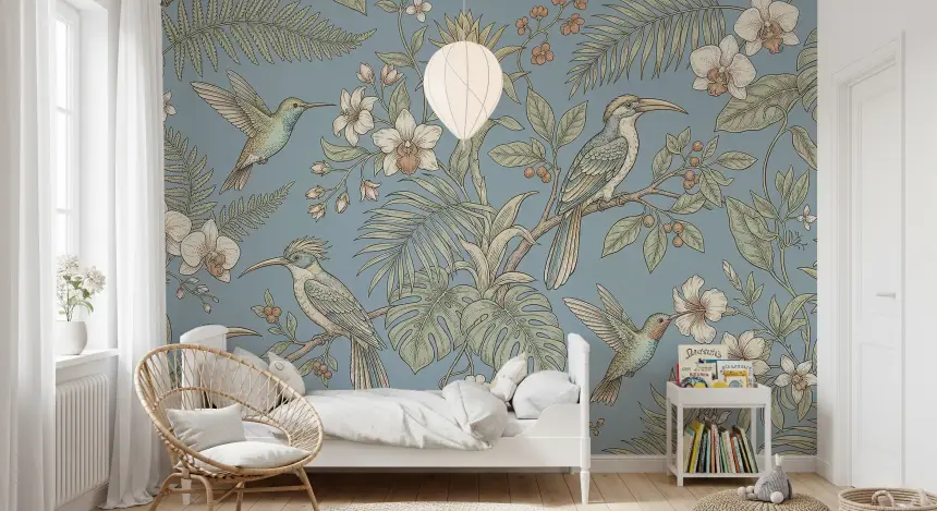 Exotic Serenity: Botanical Aviary Wall Mural