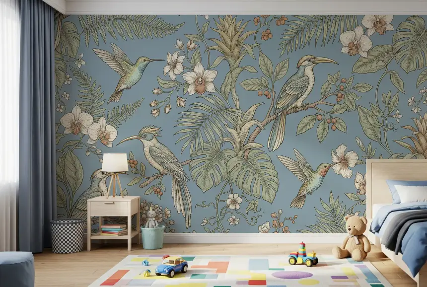 Exotic Serenity: Botanical Aviary Wall Mural