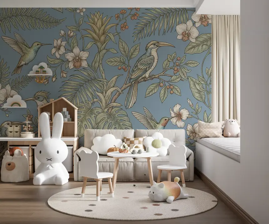 Exotic Serenity: Botanical Aviary Wall Mural