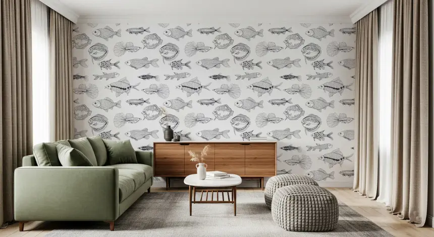 Modern Hand - Drawn Fish Line Art /Black and White Nautical Pattern Wallpaper