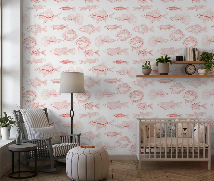 Modern Hand - Drawn Fish Line Art /Coral and White Nautical Pattern Wallpaper