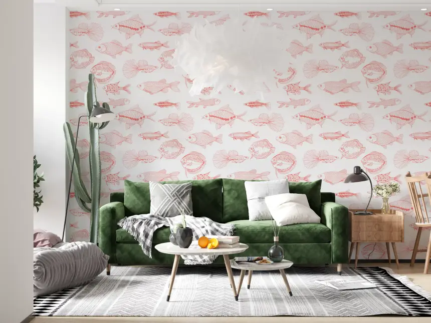 Modern Hand - Drawn Fish Line Art /Coral and White Nautical Pattern Wallpaper