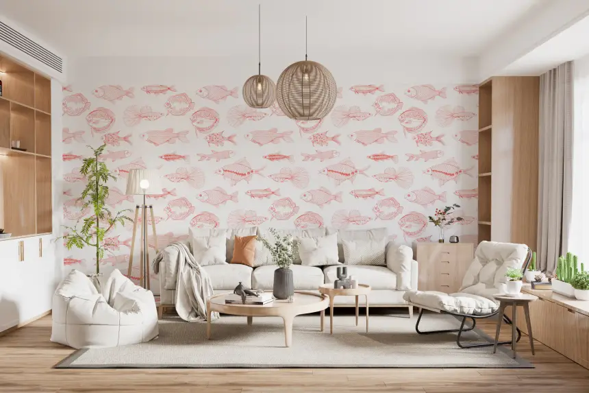 Modern Hand - Drawn Fish Line Art /Coral and White Nautical Pattern Wallpaper