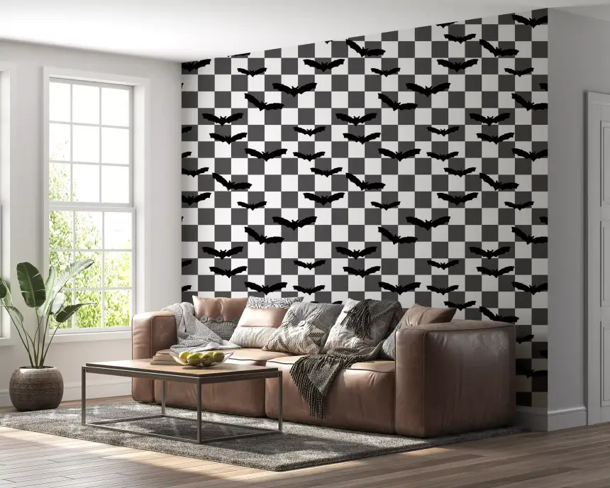 Monochrome Bats Checkerboard Wallpaper
