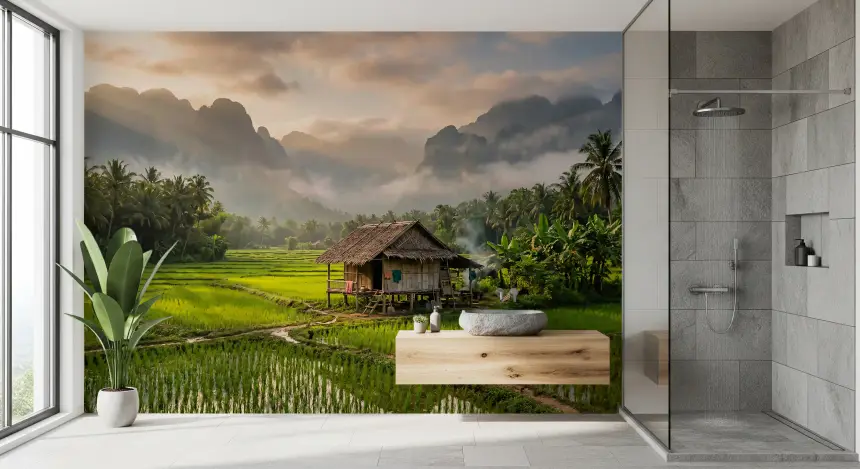 Misty Mountain Rice Fields Wall Mural