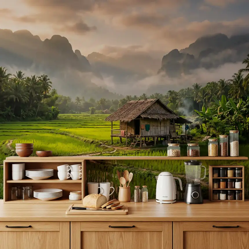 Misty Mountain Rice Fields Wall Mural