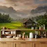Rustic Hut Amidst Misty Rice Fields Wall Mural 7