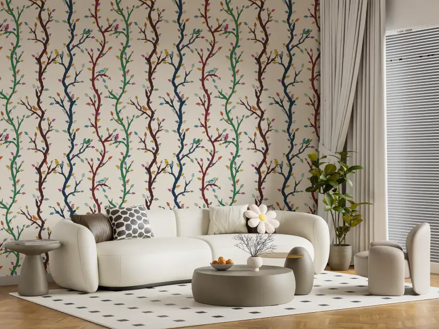 Playful Woodland Branches with Birds Wallpaper