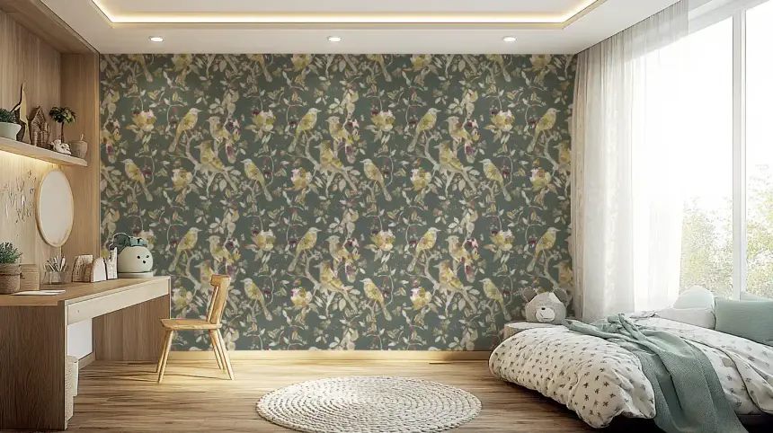 Sage Green Botanical Bird Wallpaper