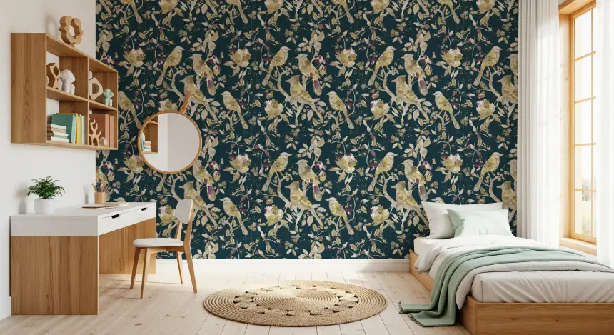 Midnight Teal Garden Birds Wallpaper