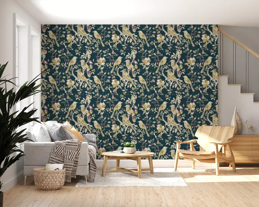 Midnight Teal Garden Birds Wallpaper