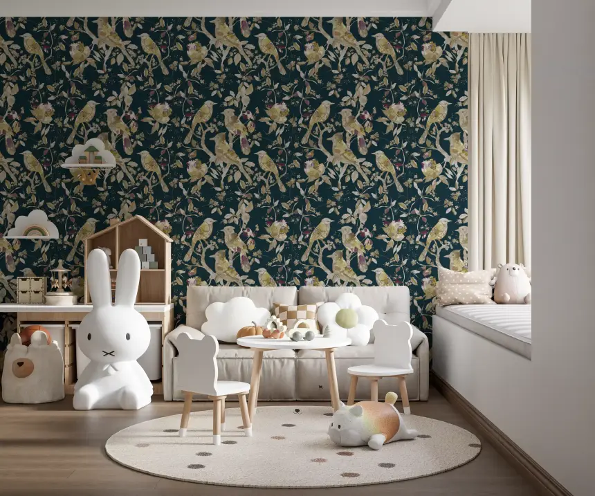 Midnight Teal Garden Birds Wallpaper