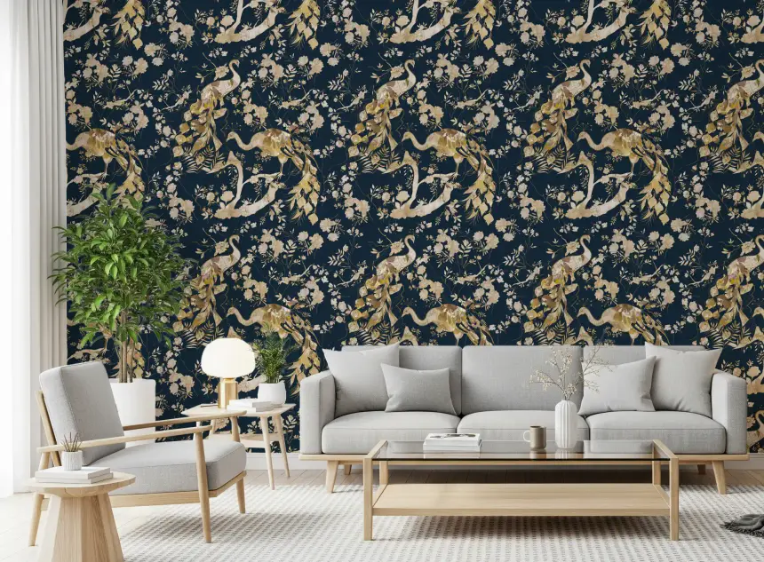 Teal & Gold Peacock Wallpaper