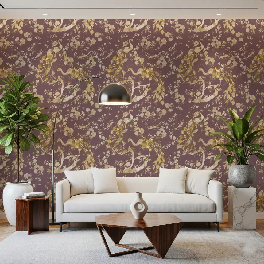 Heritage Plum Bird & Floral Wallpaper