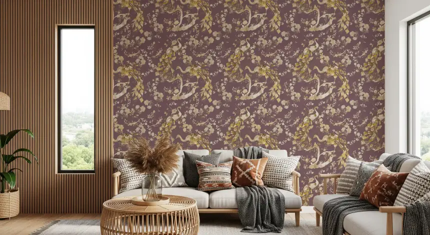 Heritage Plum Bird & Floral Wallpaper