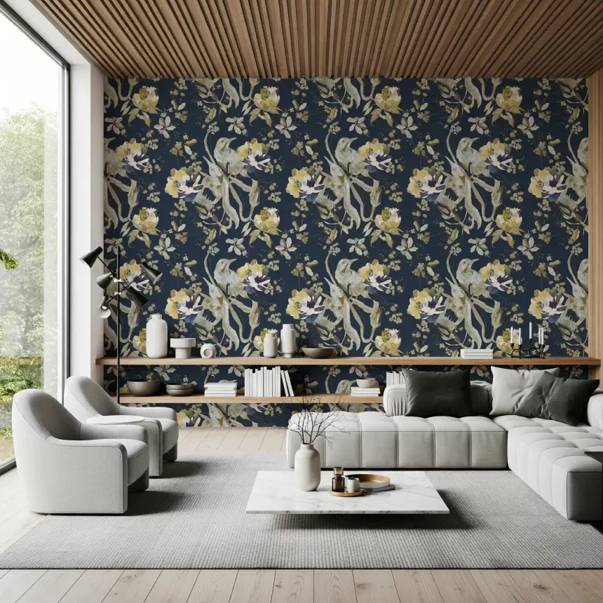 Antique Cream Bird & Blossom Wallpaper