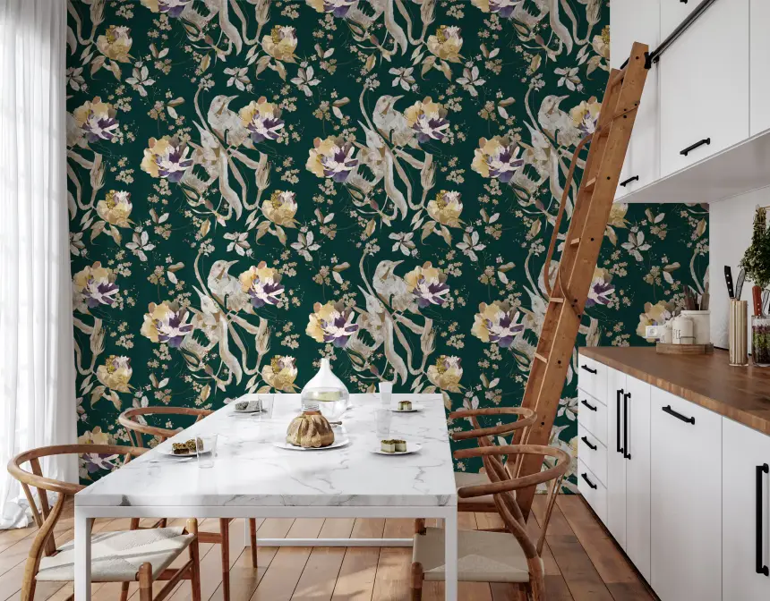 Navy Floral Bird Wallpaper