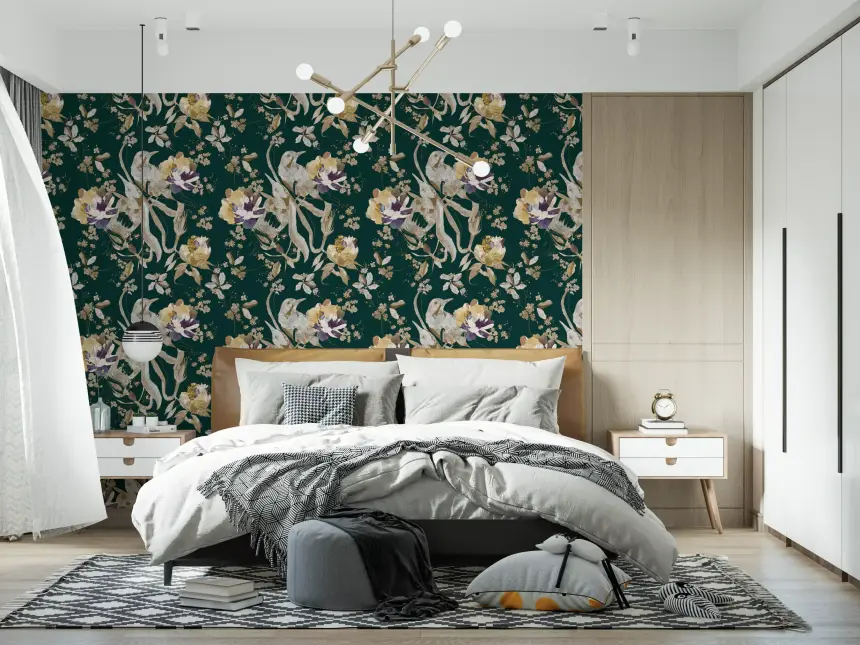 Navy Floral Bird Wallpaper