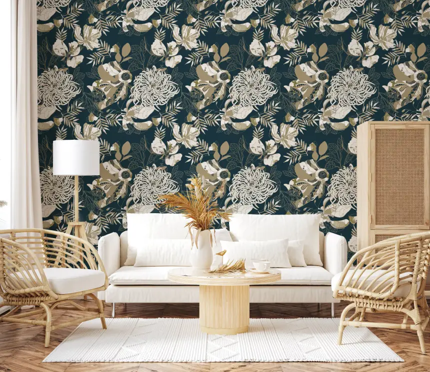 Art Deco Teal Floral Wallpaper