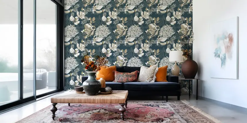 Art Deco Teal Floral Wallpaper