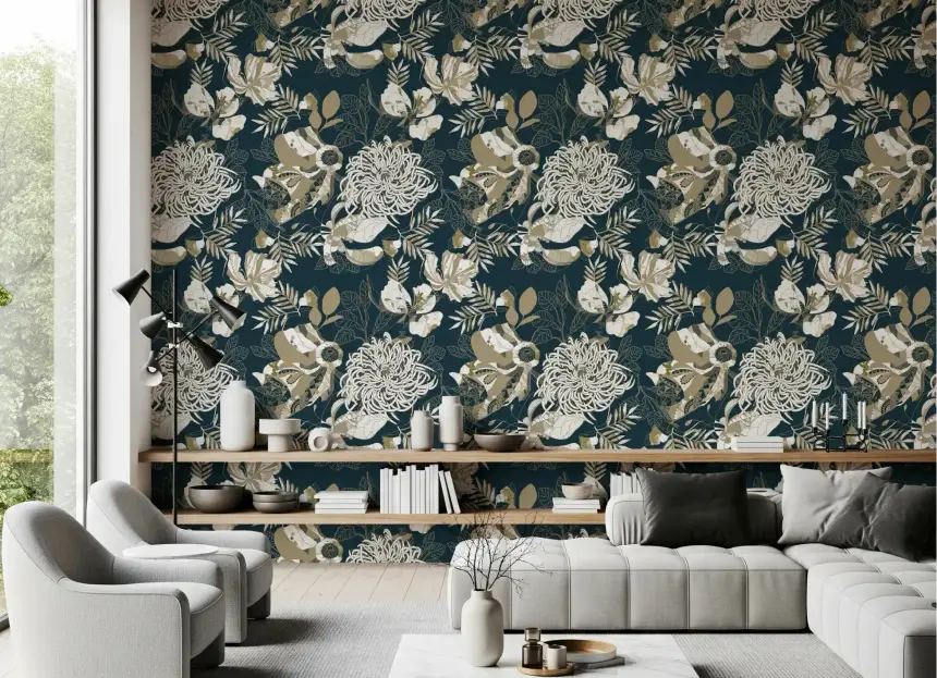 Art Deco Teal Floral Wallpaper
