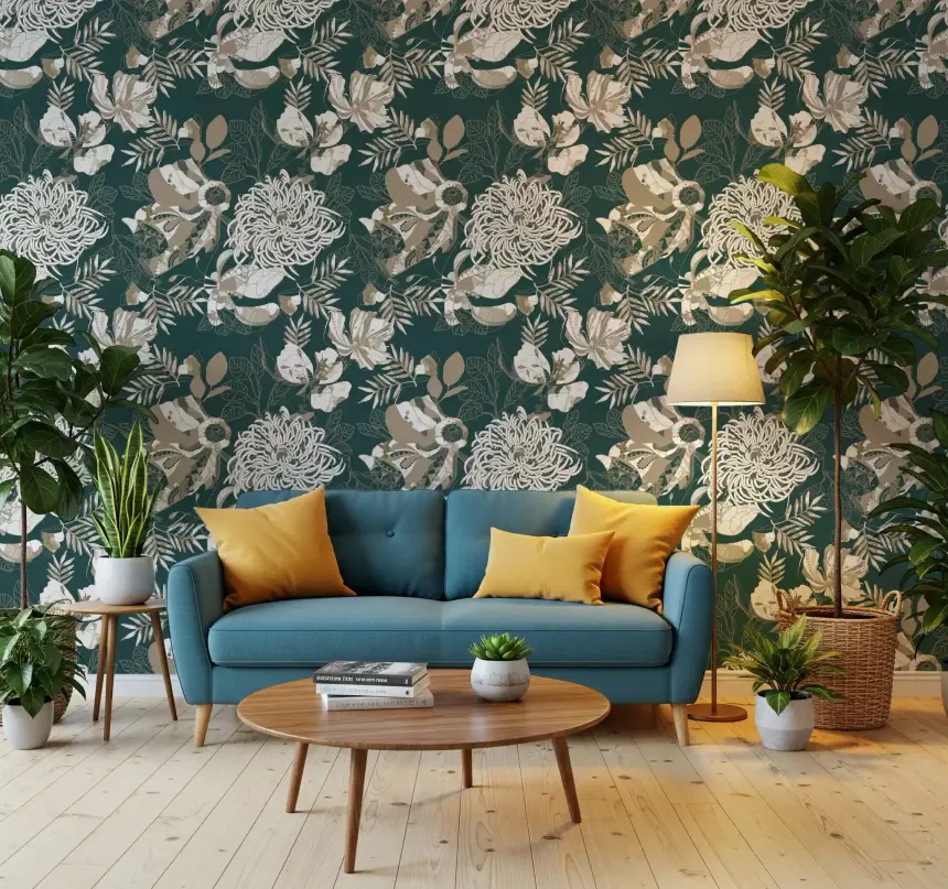 Forest Green Art Deco Floral Wallpaper
