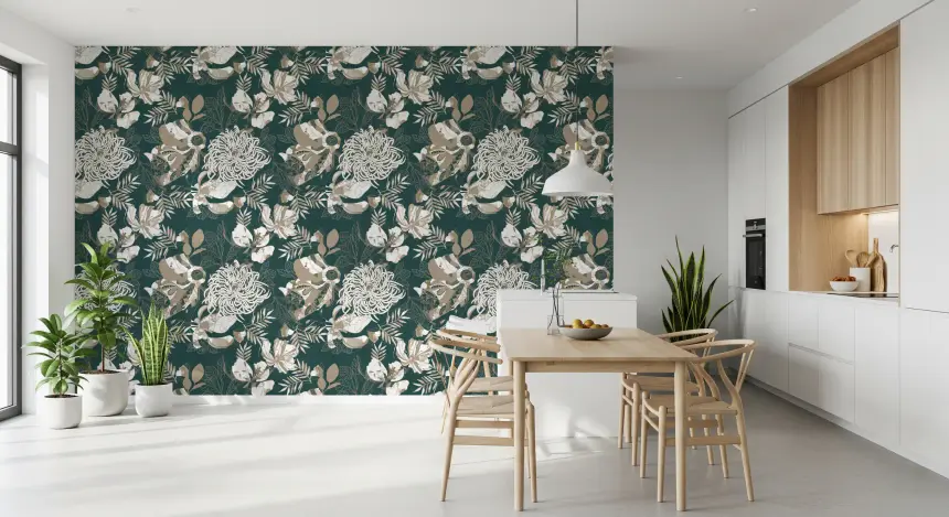 Forest Green Art Deco Floral Wallpaper