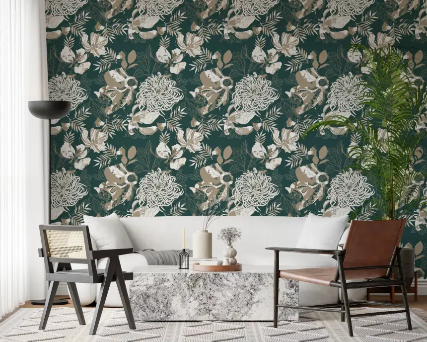 Forest Green Art Deco Floral Wallpaper