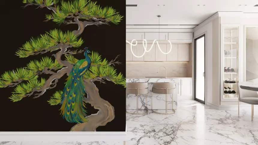 Emerald Peacock on Matsu Pine Japanese Style Wall Mural