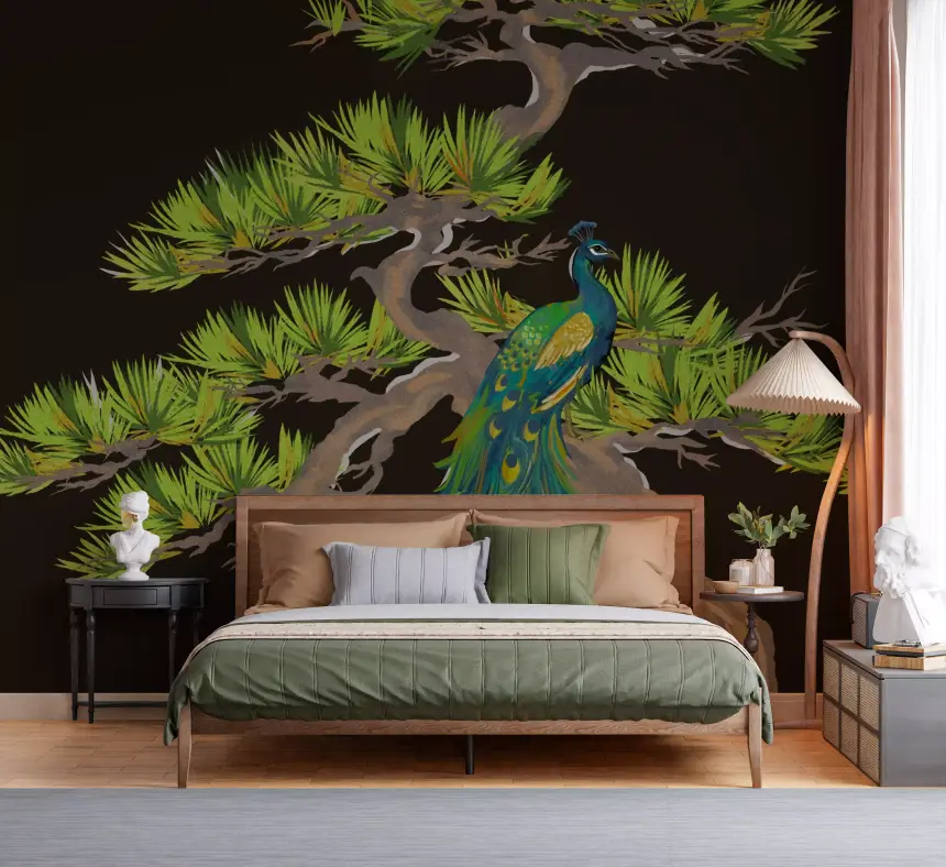 Emerald Peacock on Matsu Pine Japanese Style Wall Mural