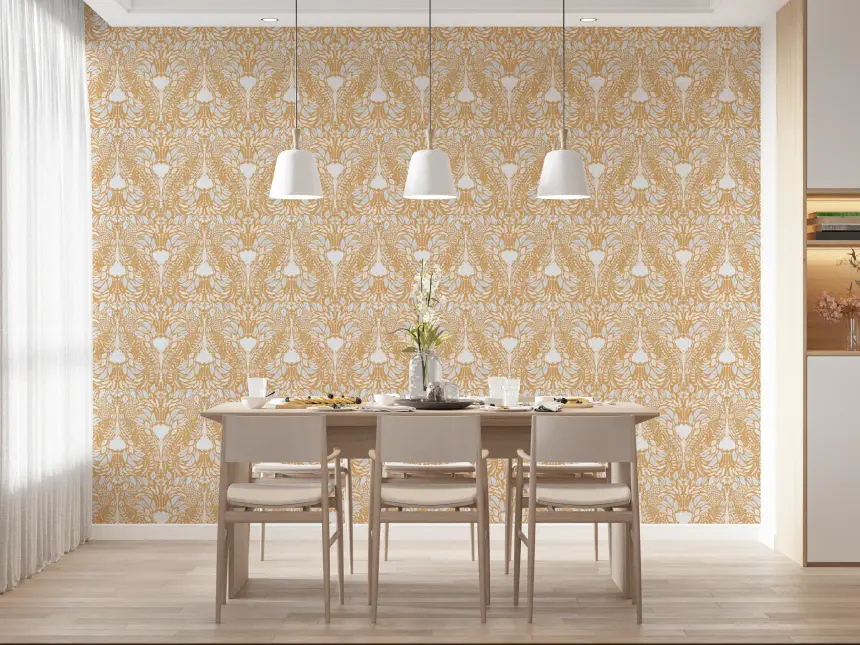 Golden Folk Floral Symmetry Wallpaper