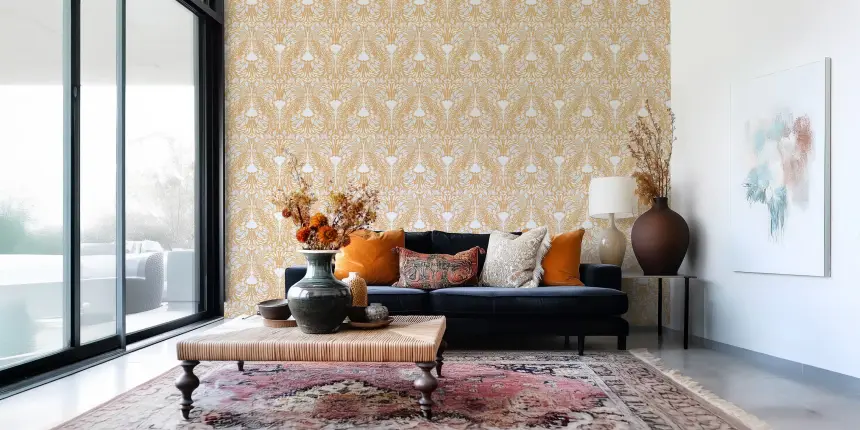 Golden Folk Floral Symmetry Wallpaper
