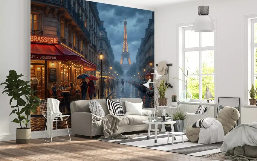 Parisian Glow: Rainy Evening Cafe Wall Mural