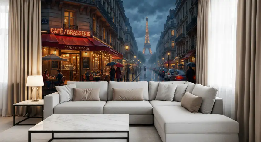 Parisian Glow: Rainy Evening Cafe Wall Mural