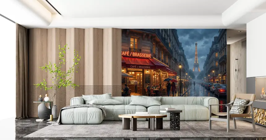 Parisian Glow: Rainy Evening Cafe Wall Mural
