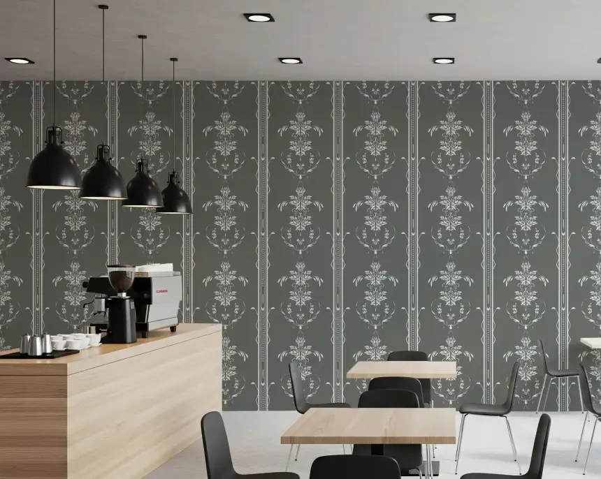 Timeless Cottagecore Gray Botanical Motif Stripes Wallpaper