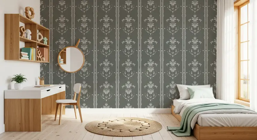 Timeless Cottagecore Gray Botanical Motif Stripes Wallpaper