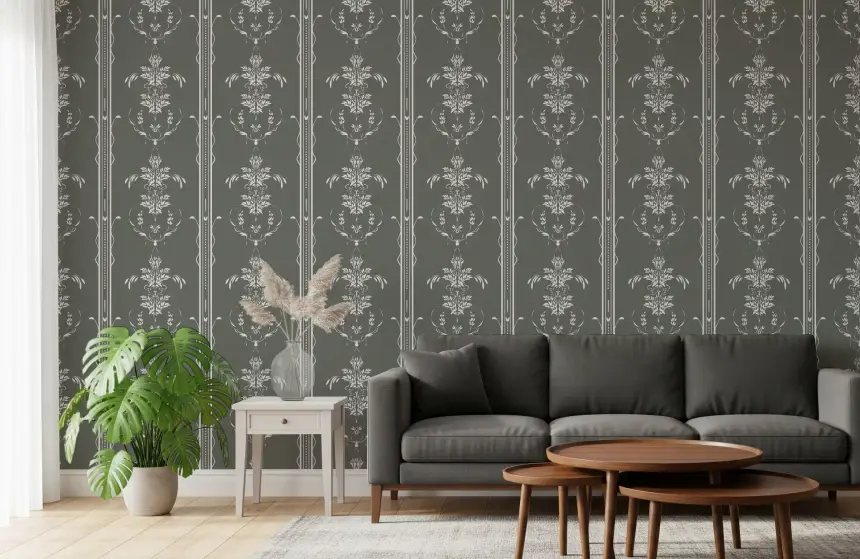 Timeless Cottagecore Gray Botanical Motif Stripes Wallpaper