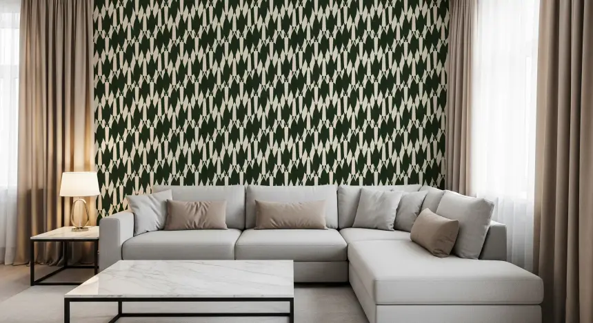 Modern Crest Pattern Green Cream Wallpaper